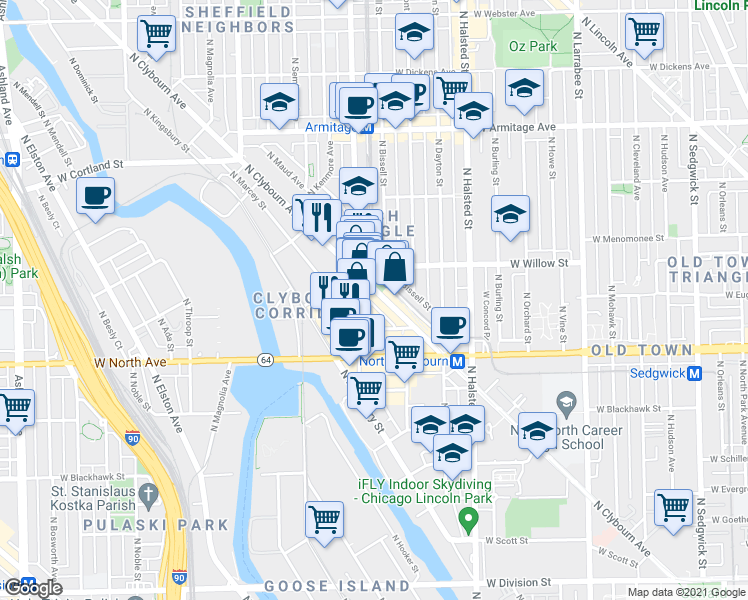 map of restaurants, bars, coffee shops, grocery stores, and more near 1758 North Clybourn Avenue in Chicago