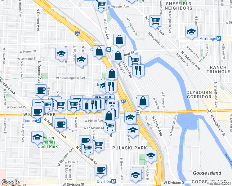 map of restaurants, bars, coffee shops, grocery stores, and more near 1717 North Ashland Avenue in Chicago