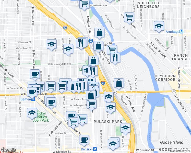 map of restaurants, bars, coffee shops, grocery stores, and more near 1717 North Ashland Avenue in Chicago