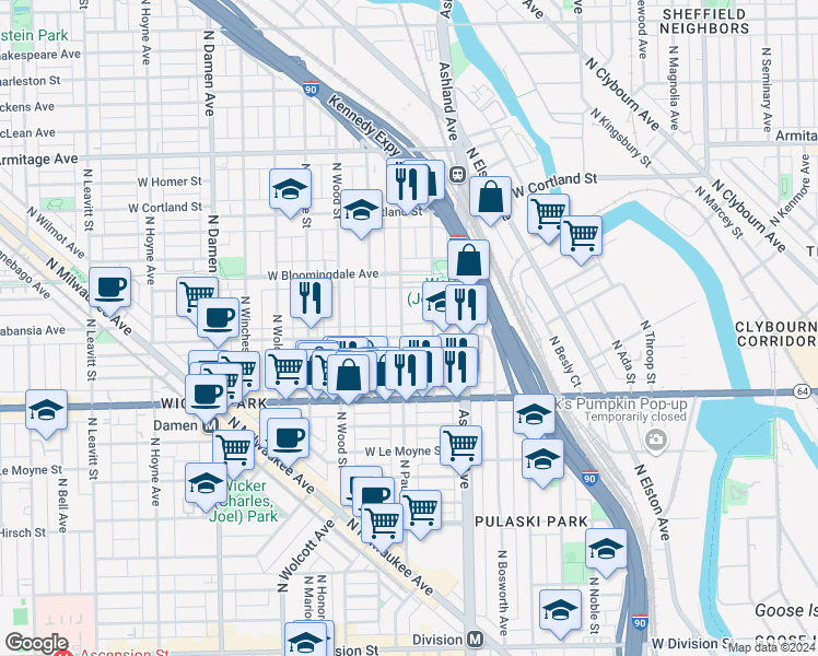 map of restaurants, bars, coffee shops, grocery stores, and more near 1716 North Paulina Street in Chicago