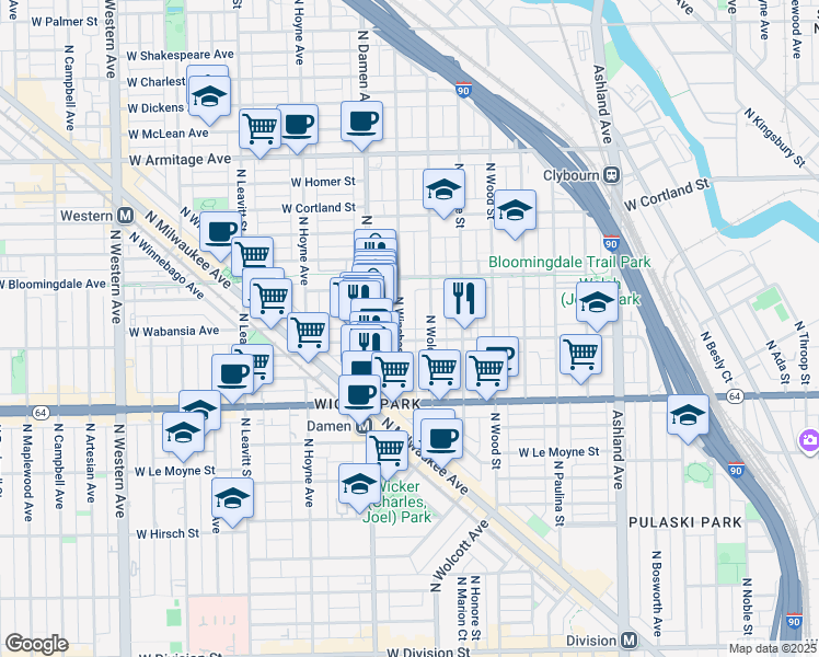 map of restaurants, bars, coffee shops, grocery stores, and more near 1720 North Winchester Avenue in Chicago