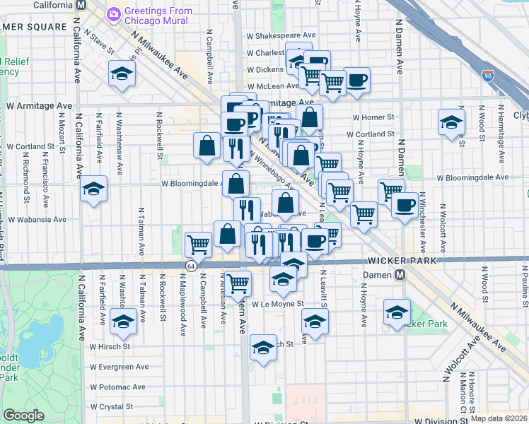 map of restaurants, bars, coffee shops, grocery stores, and more near 2314 West Wabansia Avenue in Chicago