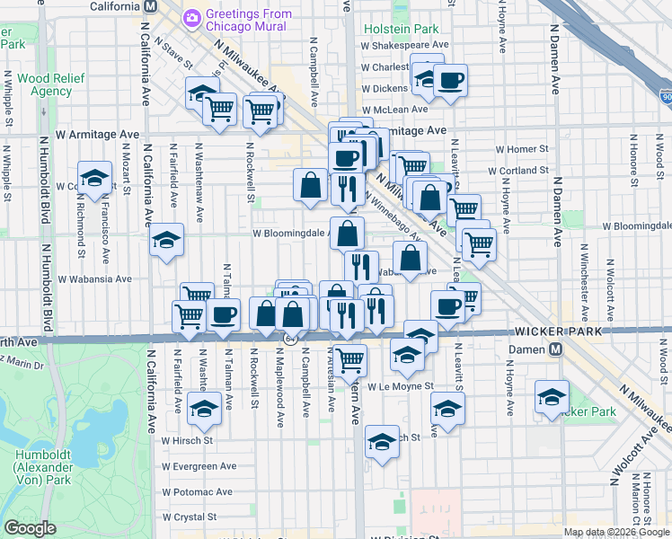 map of restaurants, bars, coffee shops, grocery stores, and more near 1729 North Artesian Avenue in Chicago