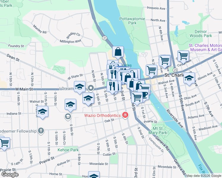 map of restaurants, bars, coffee shops, grocery stores, and more near 450 West Main Street in St. Charles