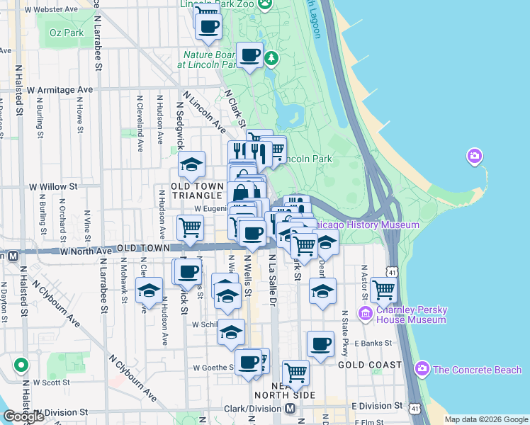map of restaurants, bars, coffee shops, grocery stores, and more near 1600 North LaSalle Street in Chicago