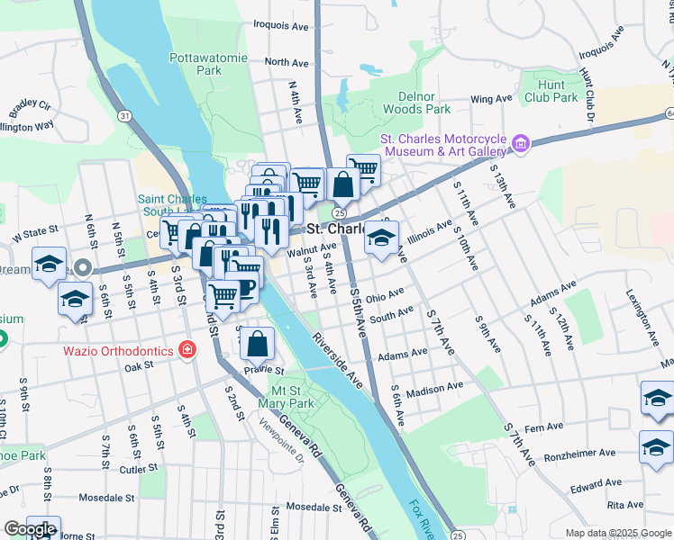 map of restaurants, bars, coffee shops, grocery stores, and more near 115 South 4th Avenue in St. Charles