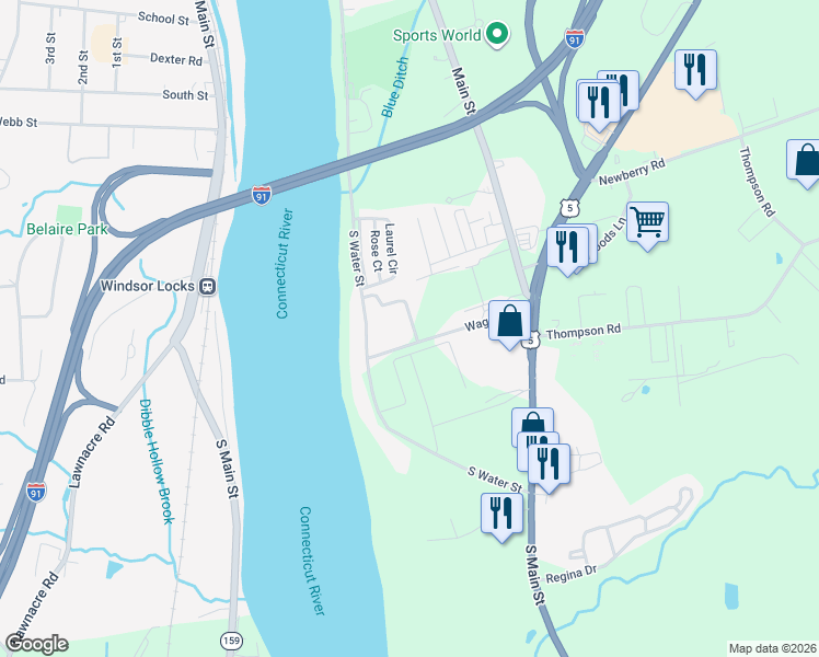 map of restaurants, bars, coffee shops, grocery stores, and more near 226 South Water Street in East Windsor