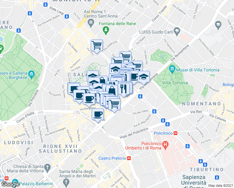 map of restaurants, bars, coffee shops, grocery stores, and more near 34 Via Cagliari in Roma