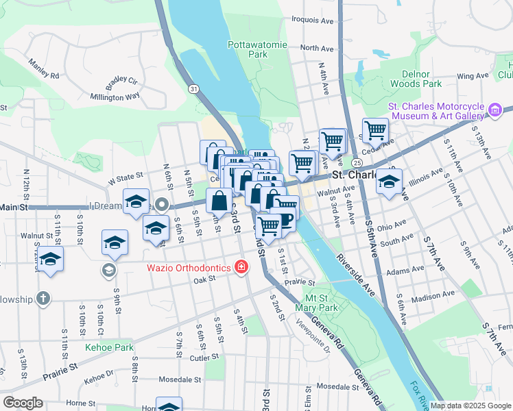 map of restaurants, bars, coffee shops, grocery stores, and more near 3 South 2nd Street in St. Charles