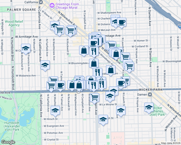 map of restaurants, bars, coffee shops, grocery stores, and more near 1729 North Artesian Avenue in Chicago
