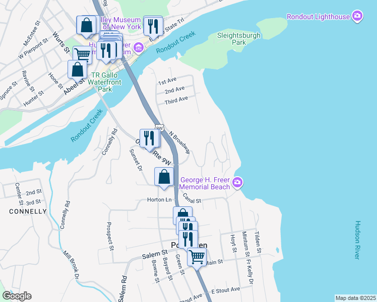 map of restaurants, bars, coffee shops, grocery stores, and more near N Broadway & Riverview in Port Ewen
