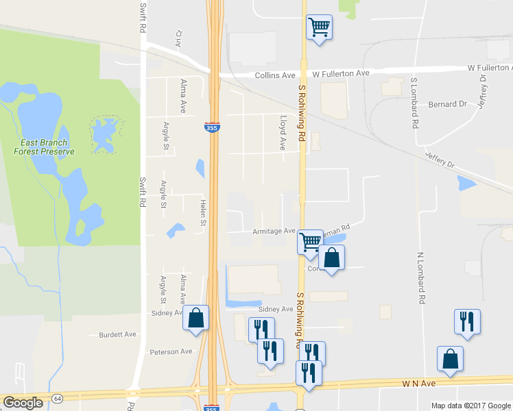 map of restaurants, bars, coffee shops, grocery stores, and more near 2N450 Kenmore Street in Lombard