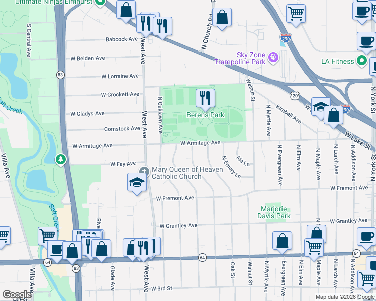 map of restaurants, bars, coffee shops, grocery stores, and more near 470 Highland Avenue in Elmhurst
