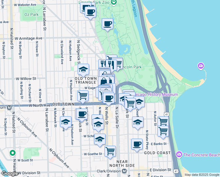 map of restaurants, bars, coffee shops, grocery stores, and more near 170 West Eugenie Street in Chicago