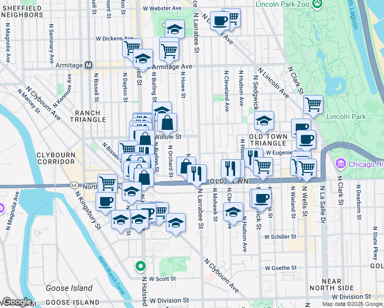 map of restaurants, bars, coffee shops, grocery stores, and more near 554 West Eugenie Street in Chicago