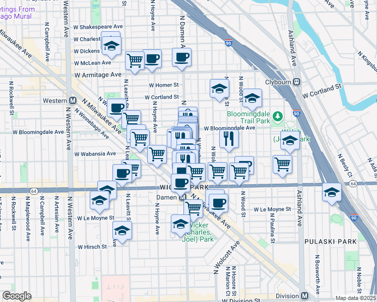 map of restaurants, bars, coffee shops, grocery stores, and more near 1720 North Winchester Avenue in Chicago