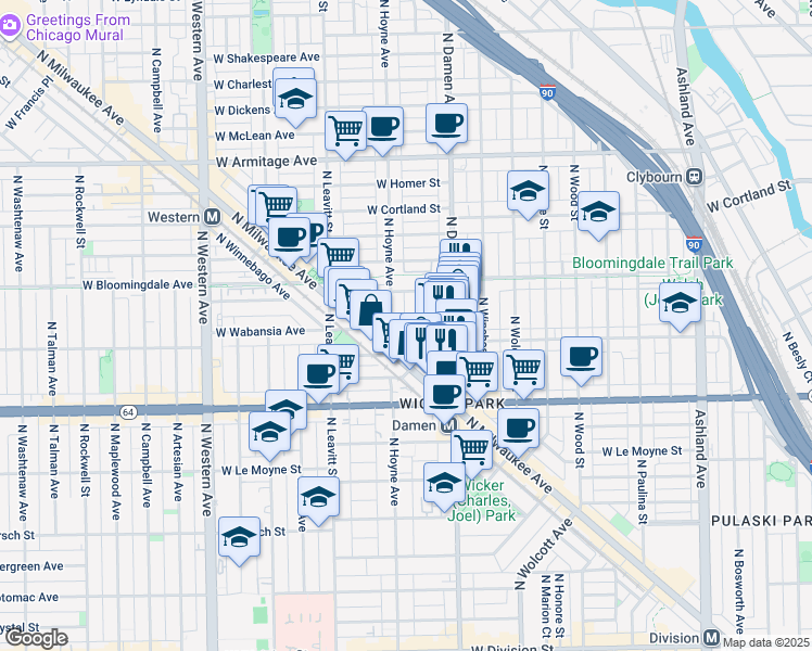 map of restaurants, bars, coffee shops, grocery stores, and more near 2047 West Saint Paul Avenue in Chicago