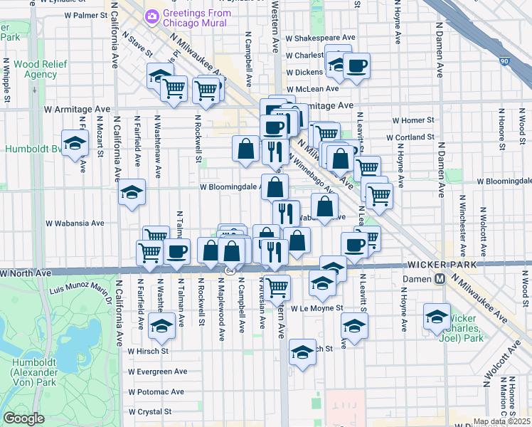 map of restaurants, bars, coffee shops, grocery stores, and more near 1729 North Artesian Avenue in Chicago