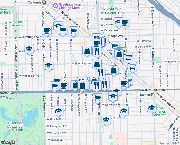 map of restaurants, bars, coffee shops, grocery stores, and more near 1729 North Artesian Avenue in Chicago