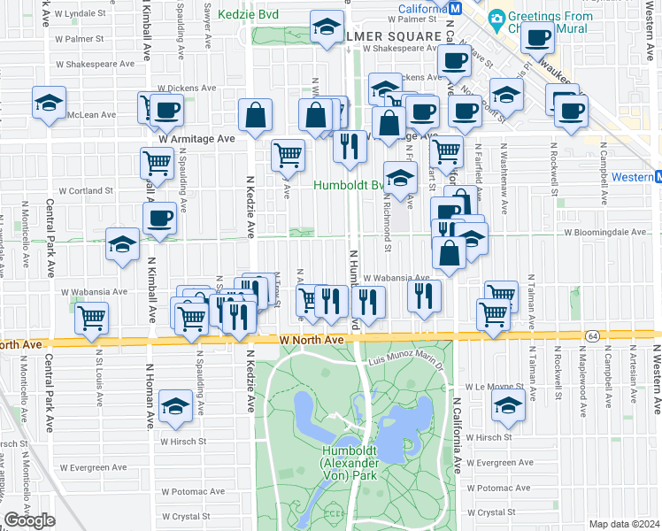 map of restaurants, bars, coffee shops, grocery stores, and more near 1736 North Whipple Street in Chicago
