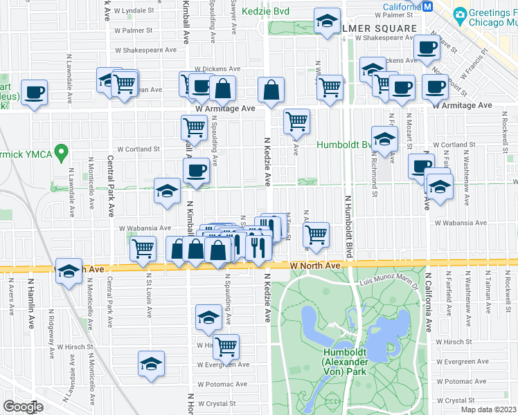 map of restaurants, bars, coffee shops, grocery stores, and more near 1735 North Sawyer Avenue in Chicago