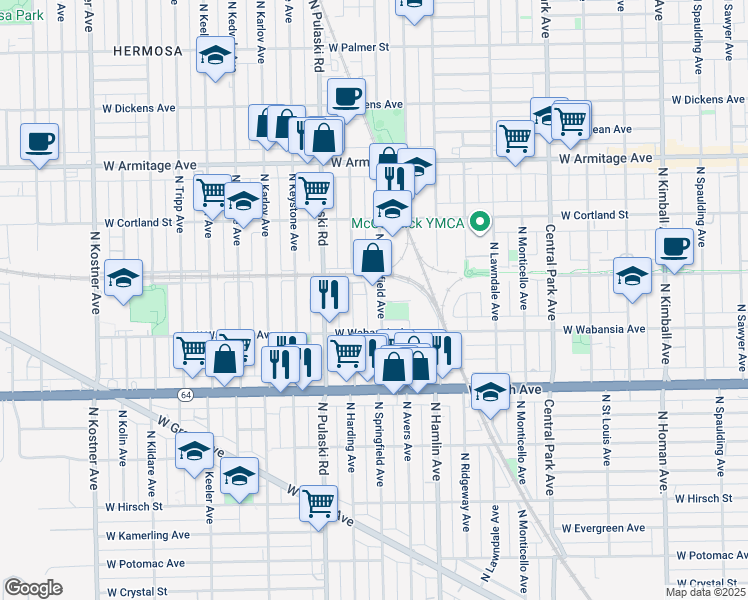 map of restaurants, bars, coffee shops, grocery stores, and more near 1749 North Harding Avenue in Chicago