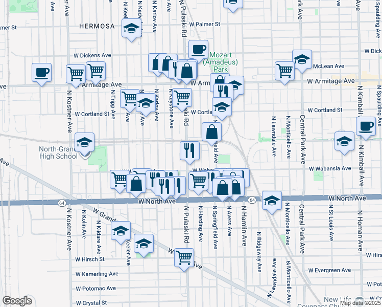 map of restaurants, bars, coffee shops, grocery stores, and more near 1741 North Pulaski Road in Chicago