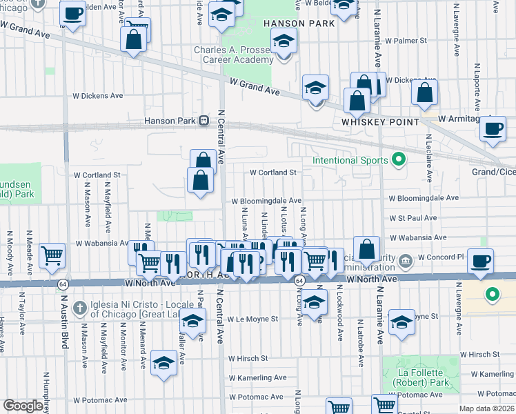 map of restaurants, bars, coffee shops, grocery stores, and more near 1758 North Linder Avenue in Chicago