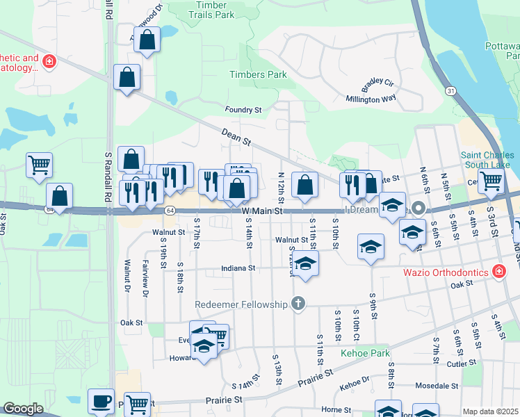 map of restaurants, bars, coffee shops, grocery stores, and more near 1320 West Main Street in St. Charles