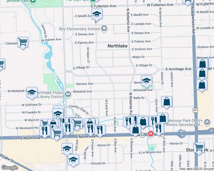 map of restaurants, bars, coffee shops, grocery stores, and more near 143 Bernice Avenue in Northlake