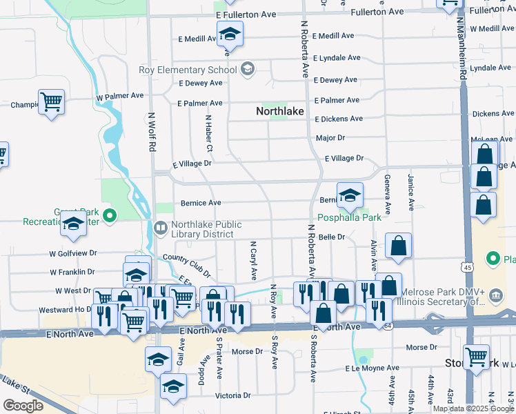 map of restaurants, bars, coffee shops, grocery stores, and more near 143 Bernice Avenue in Northlake