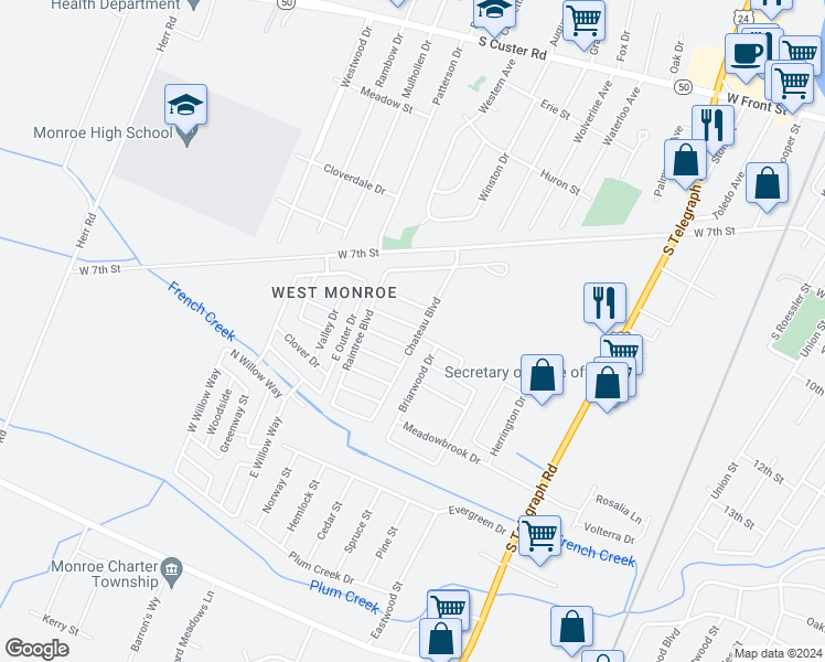 map of restaurants, bars, coffee shops, grocery stores, and more near 1809 Bloomfield Drive in Monroe