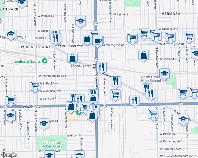 map of restaurants, bars, coffee shops, grocery stores, and more near 1753 North Cicero Avenue in Chicago