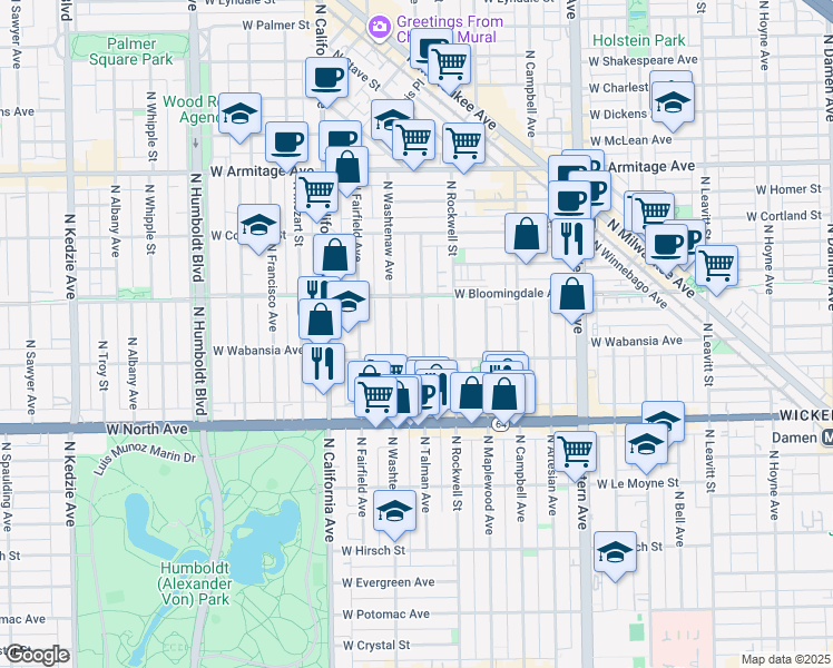 map of restaurants, bars, coffee shops, grocery stores, and more near 1724 North Talman Avenue in Chicago