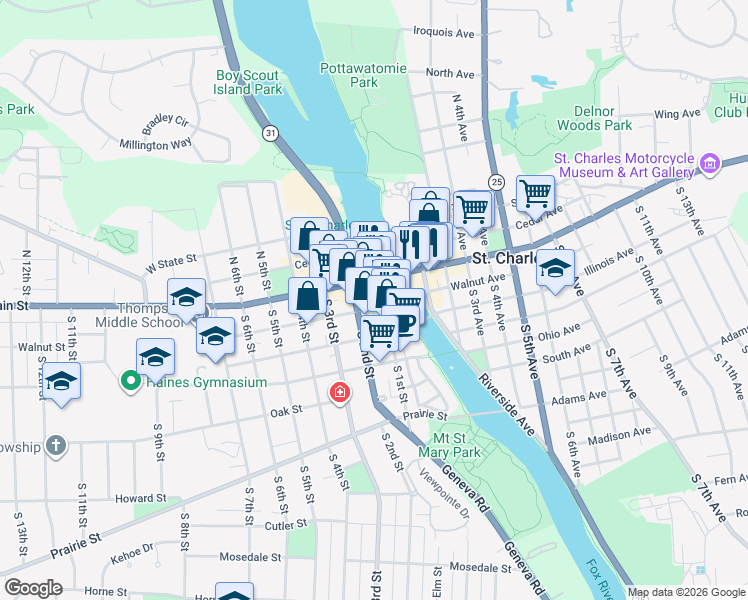 map of restaurants, bars, coffee shops, grocery stores, and more near 5 South 1st Street in St. Charles