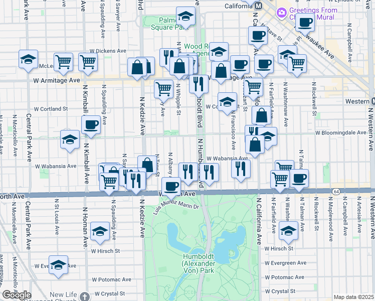 map of restaurants, bars, coffee shops, grocery stores, and more near 1736 North Whipple Street in Chicago