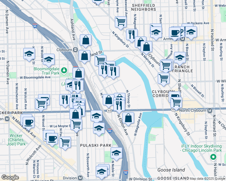 map of restaurants, bars, coffee shops, grocery stores, and more near 1685 North Ada Street in Chicago