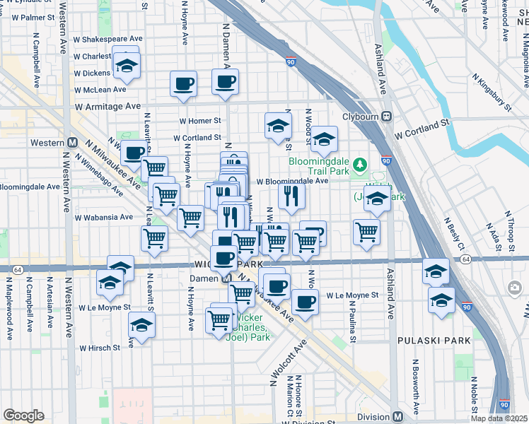map of restaurants, bars, coffee shops, grocery stores, and more near 1723 North Wolcott Avenue in Chicago