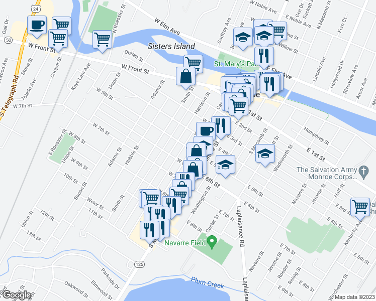 map of restaurants, bars, coffee shops, grocery stores, and more near 502 Cass Street in Monroe