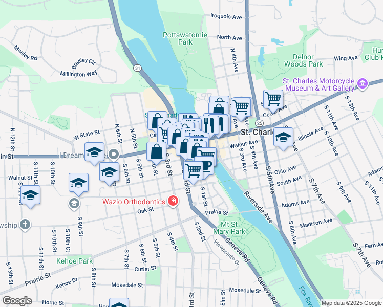 map of restaurants, bars, coffee shops, grocery stores, and more near 5 South 1st Street in St. Charles