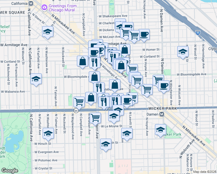 map of restaurants, bars, coffee shops, grocery stores, and more near 2314 West Wabansia Avenue in Chicago