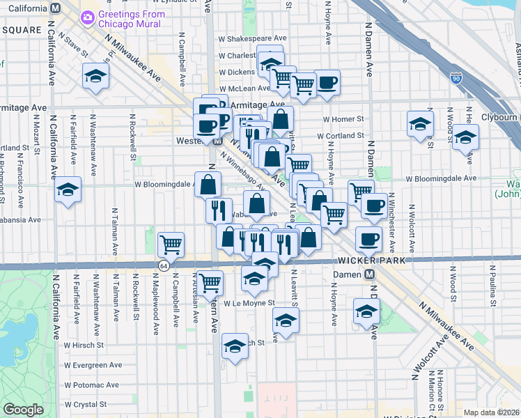 map of restaurants, bars, coffee shops, grocery stores, and more near 1736 North Winnebago Avenue in Chicago