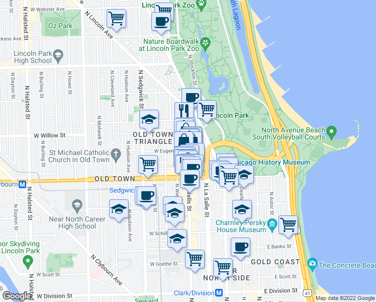 map of restaurants, bars, coffee shops, grocery stores, and more near W Eugenie St in Chicago
