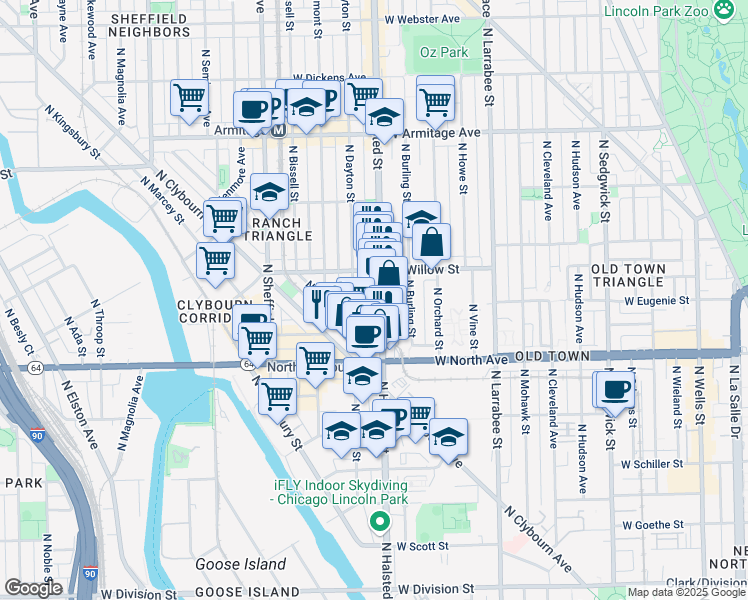 map of restaurants, bars, coffee shops, grocery stores, and more near 1720 North Halsted Street in Chicago