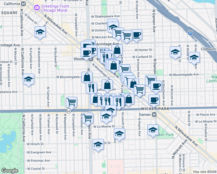 map of restaurants, bars, coffee shops, grocery stores, and more near 2300 West Wabansia Avenue in Chicago
