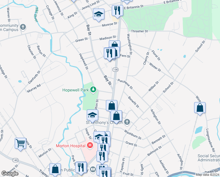 map of restaurants, bars, coffee shops, grocery stores, and more near 24 Bay Street in Taunton