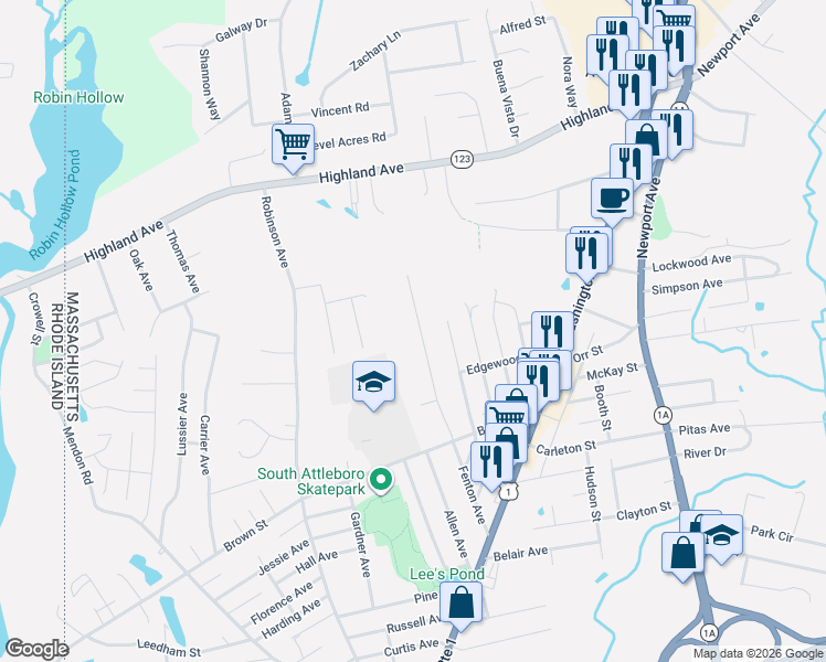 map of restaurants, bars, coffee shops, grocery stores, and more near 48 Tomlinson Road in Attleboro