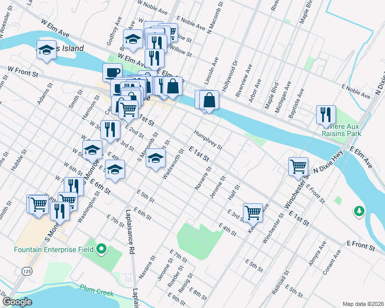 map of restaurants, bars, coffee shops, grocery stores, and more near 501 East 1st Street in Monroe