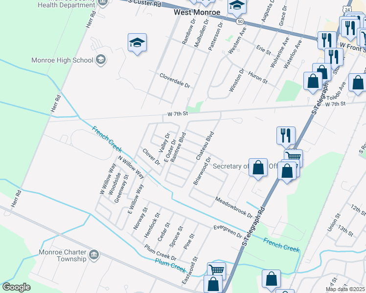 map of restaurants, bars, coffee shops, grocery stores, and more near 1864 Carmel Drive in Monroe