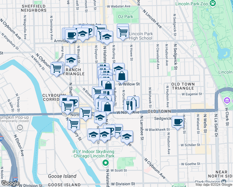 map of restaurants, bars, coffee shops, grocery stores, and more near 1704 North Orchard Street in Chicago